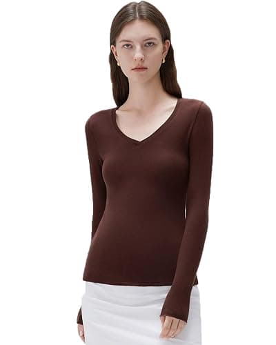 SUUKSESS Cloud Cashmere Women V Neck Fitted Long Sleeve Shirt Basic Soft Knit Tops - Image 1