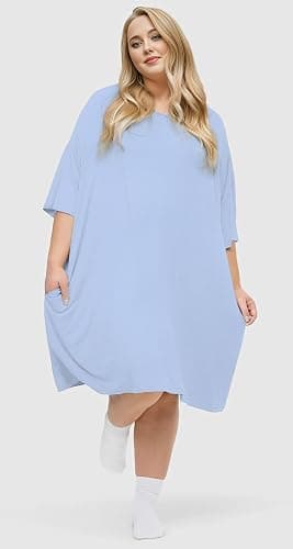 KFUBUO Plus Size Nightgowns for Women Oversized Sleep Tshirts Dress Short Sleeves Sleepwear With Pocket Fit S-5XL thumbnail 6