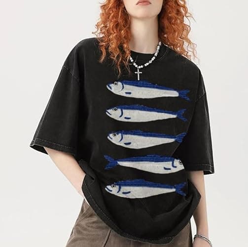 TYATVS Women Oversized Graphic Tee Fisherman Core Aesthetic Y2k Grunge Fish Print T-Shirts Streetwear Summer 2025 thumbnail 2