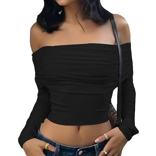 ORANDESIGNE Damen Sexy Off Shoulder T-Shirt Langarm Schlank Crop Top Y2K Vintage Harajuku T-Shirt Oberteile Langarmshirt Casual Shirt Tunika Bluse Langarmtops Lässig T-Shirts - Image 1