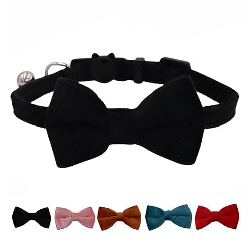 WDPAWS Cat Collar Breakaway with Bell and Removable Bow Tie Safety Buckle Velvet Adjustable 7-11 inches for Kitten Cats (Black) - Image 1