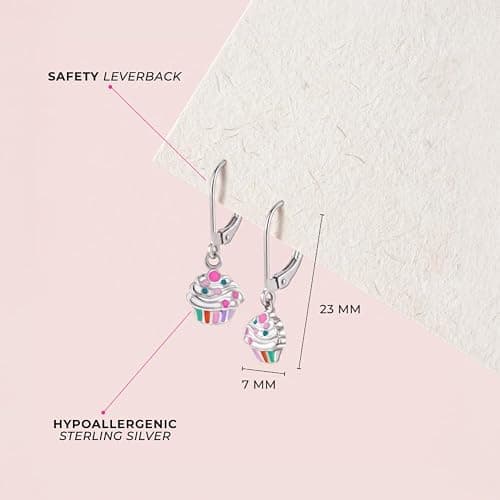 In Season Jewelry Cupcake Girls Earrings for Kids - 925 Sterling Silver Dangle Jewelry - Hypoallergenic Earrings for Girls with Secure Lever Back - Safe & Comfortable for Toddlers & Kids thumbnail 4