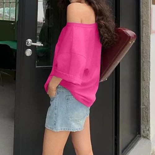 Pinclodly Off The Shoulder Tops for Women Short Sleeve Y2K Jersey Number Graphic Oversized Tshirts E-Girl Tees thumbnail 4