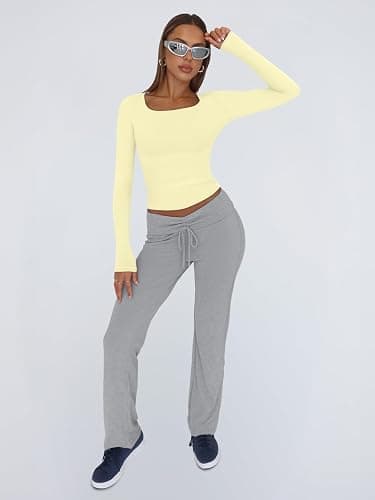 Trendy Queen Womens Long Sleeve Shirts Crop Tops Fall Fashion 2025 Square Neck Going Out Basics Tees Y2k Clothes thumbnail 5