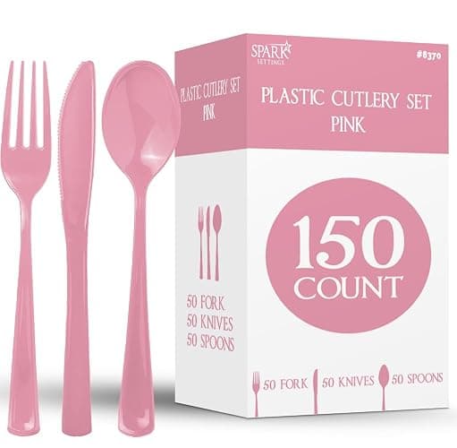 150 Pack Plastic Silverware Heavy Duty, Pink Disposable Cutlery, 50 Spoons, 50 Forks, 50 Knives, Plastic Utensils Set for Home Office School Party Picnics Weddings & More - SparkSettings - Image 1