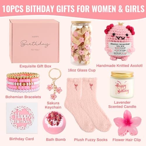 Birthday Gifts for Teen Girls, Women, Her, Unique Happy Birthday Gift Baskets for Best Friend, Daughter, Sister, Granddaughter, Cute Axolotl Crochet Ideal Gift Set 9pcs thumbnail 2