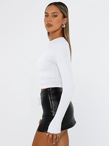Trendy Queen Womens Long Sleeve Shirts Fall Fashion 2025 Basic Crop Tops Going Out Workout Outfits Y2k Clothes - Small - White thumbnail 3