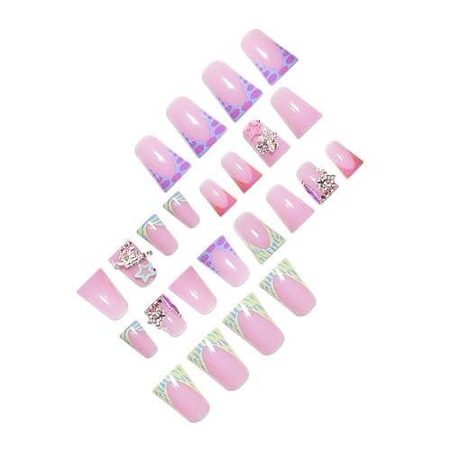 FIEONCIY Press on Nails Duck Shaped Glossy Full Cover Acrylic Duck False Nails with Designs Artificial Medium Duck Shaped Fake Nails with Charms Glue ons Fingernails for Women Girls(CC20) - French and Star Gems Rhinestone thumbnail 2