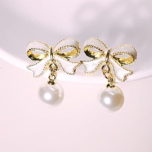 Gold Bow Earrings for Women, Long Tassel Chain Drop Earrings, Trendy Small Bow Earrings, Ribbon Waterfall Dangling Earrings, Pearl Bow Earrings, Sparkly Elegant Bowknot Preppy Jewelry Gifts for Women thumbnail 6