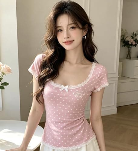 Womens Y2K Sweet Japanese Kawaii Pastel Stripe Print Henley T Shirt Cute V Neck Soft Aesthetic Casual Fitted Baby Tee thumbnail 5