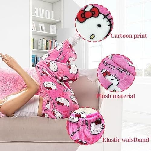 Cute Cartoon Pajama Pants for Women, Kawaii Anime Cat Pjs Christmas Pajama Pants Fluffy Flannel Sleep Bottoms - Rose Red Cat - Medium thumbnail 2