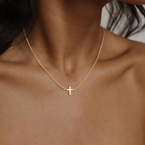 CAROVO Dainty Cross Pendant Necklaces for Women 14K Gold Plated Cute Faith Cross Necklace Sideways Cross Necklace Minimal Everyday Jewelry Gift thumbnail 2