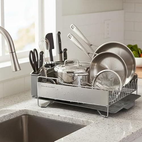 KitchenAid Large Capacity Full Size Rust Resistant Dish Rack with Angled Drain Board and Removable Flatware Caddy, Light Grey thumbnail 2