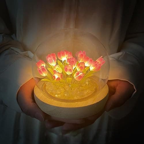 LOGAZOO (20 Flower) Birthday Gifts for Mom, Tulip Lamp Night Light with Glass Dome,Handmade Artificial Flower Table Lamp Bedroom Desk Decoration for Women Daughter Girlfriend Christmas Holiday Gift thumbnail 5