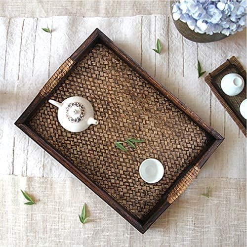 Rattan Serving Tray with Handle, Rustic Table Tray Rectangular Tea Tray  thumbnail 9