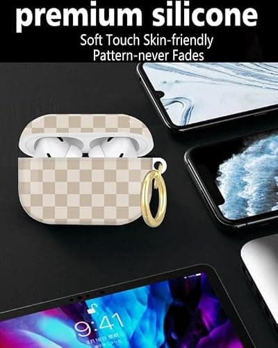 Compatible with AirPod Pro 2nd/1st Generation Case Cover with Key Chain,Full Protective Shockproof Wireless Headphone Case for Airpod Pro 2023/2022/2019(Beige Checkered) thumbnail 2