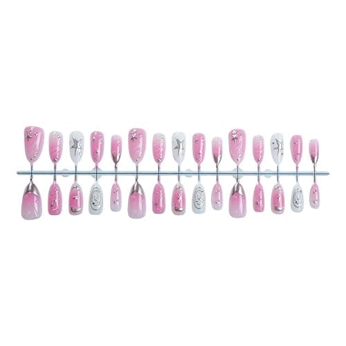 Auroriel 24 Stück Short Almond Press on Nails Pink mit 3D Stern- und Kreis-Design Wiederverwendbare Acrylic Fake Nails Full Cover für Frauen Party Alltag DIY Maniküre thumbnail 6