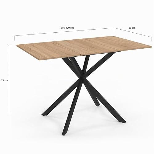 IDMarket Alix – Mesa de comedor extensible cuadrada 4-6 personas, pie araña madera y negro, 80-120 cm thumbnail 3