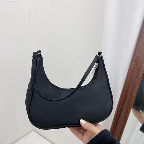 Aucuu Umhängetasche Damen Handtasche, Nylon Retro Achsel Tasche mit Pom-Pom-Schlüsselanhänger, Y2k Fashion Unterarmtasche mit Reißverschluss-Geschenk für Weihnachten und Geburtstag thumbnail 4
