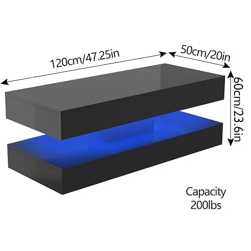Uspeedy 47.3in Large High Glossy LED Coffee Table with 2 Storage Drawers,Black/White Modern Coffee Tables for Living Room,Living Room Tables,APP LED Lights (Black) thumbnail 3