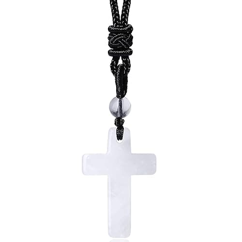 QINJIEJIE Cross Crystal Necklace Adjustable Black Rope Natural Gemstone Quartz Stone Necklaces for Men Women Father's Day Gift - Cross Crystal - White - Clear Crystal