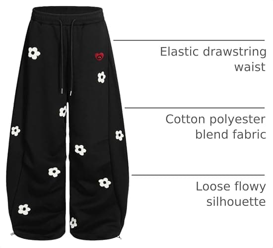 Aelfric Eden Baggy Wide Leg Sweatpants Flower Embroidery Casual Y2K Elastic Drawstring Lantern Barrel Lounge Trouser Pants thumbnail 4