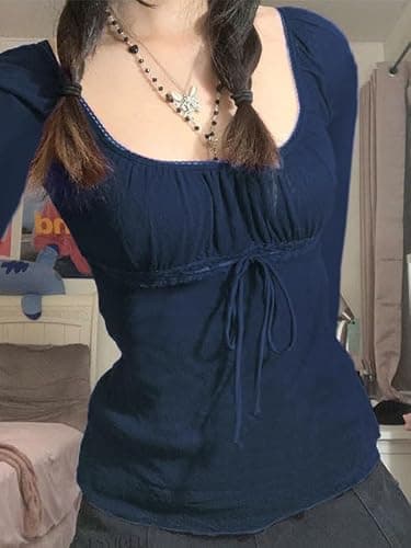 Y2K Mesh Top Women Long Sleeve Shirts Scoop Neck Ruffle Hem Babydoll Blouse thumbnail 3