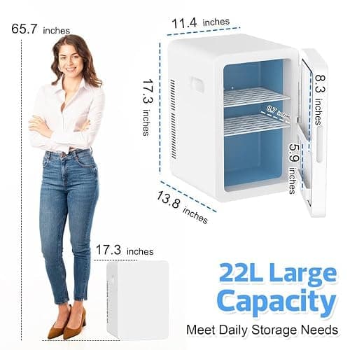 Kikihuose 22L/30Cans Mini Fridge for Bedroom, 12v DC Portable Cooler & Warmer, Mini Refrigerator with Glass Front, for Car Office Desk & Dorm Food Beverage Skincare Makeup (White) - White01 - 22L thumbnail 3