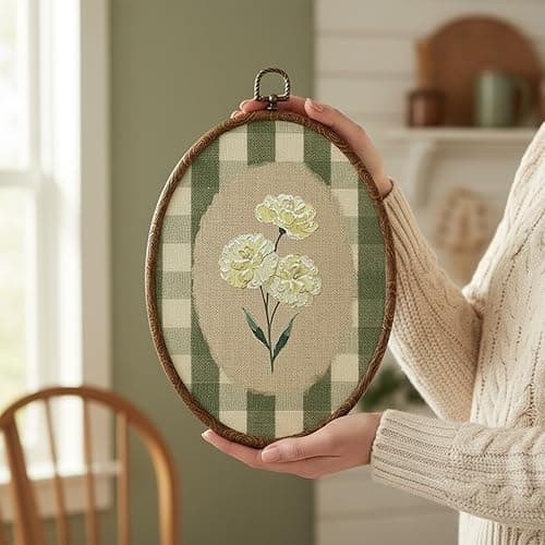 Flower Oval Wall Art, Green Gingham Oval Cottage wall Decor, Retro Botanical Grandma Cottage Core Home Decor for Western Farmhouse Bedroom Living Room, Home Retro Decor Products, 7x10 Inches, 15 thumbnail 9