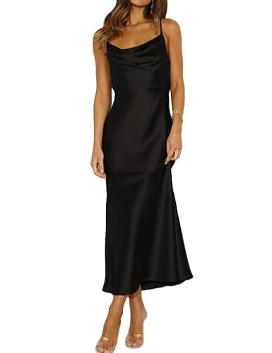 Summer Satin Spaghetti Strap Cowl Neck Backless Midi Dresses for Women Elegant Tie Low Back Ruched Cocktail Dress - Image 1