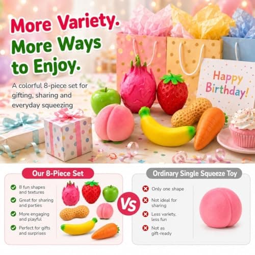 9 Pack Fruit Squishy Toys Slow Rising Fidget Toy Strawberry Carrot Apple Banana Peach Peanuts Dragon Fruit Potato Bayberry Jumbo Squishies Stress Ball Fruit Squeeze Toy Set for Gifts Party Favor thumbnail 7