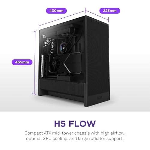NZXT H5 Flow 2024 - Compact ATX Mid-Tower PC Gaming Case - High Airflow - 2 x 120mm Fans Included - 360mm Front & 240mm Top Radiator Support - Cable Management System - Tempered Glass - Black thumbnail 2