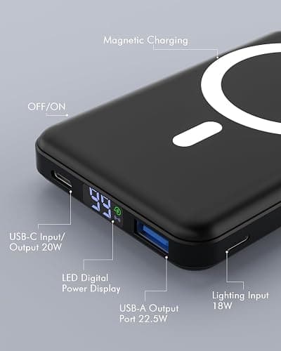 podoru for MagSafe Power Bank, 10000 mAh Foldable Magnetic Portable Charger | 22.5W PD Fast Charging, with USB-C Cable LED Display, Wireless Battery Pack for iPhone 17/16/15/14/13/12 Series-Black thumbnail 7