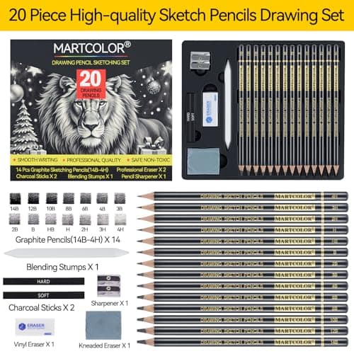 MARTCOLOR Drawing Sketching Pencil Set, 20 Pieces, Graphite Pencils (14B-4H), Charcoal Sticks, Stump, Eraser, Sharpeners, Ideal for Drawing Art, Sketching, Artist Pencils for Beginners & Pro Artists thumbnail 2