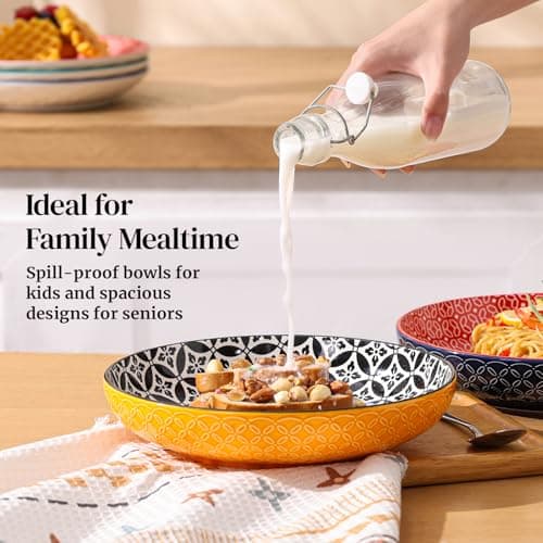 DOWAN 10" Vibrant Pasta, Salad & Soup Serving Bowls Set of 4, Embossed Large Porcelain Ceramic, Microwave & Dishwasher Safe, Bonita Design Dinnerware Dishes for Daily Dining, Family Gatherings, Party thumbnail 4