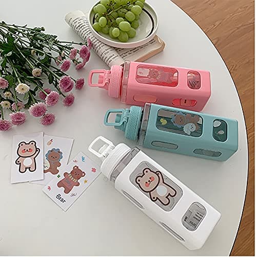 PEXIZUAN Kawaii Bear Water Bottle With Straw Sport Plastic Portable Square Drinking Bottle For Girl Cute Juice Tea Water Cups 700ml(Pink,700ml) thumbnail 7