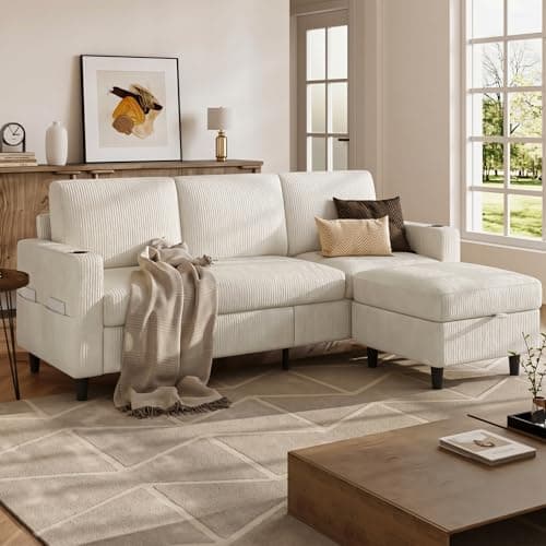 POYISOU Convertible Sectional Couches for Living Room, 3 Seats L Shaped Sofa with Storage Ottoman & 2 Cup Holders, Modern Corduroy Couch Small Sofas for Small Space, Apartment, Office, Beige - Image 1