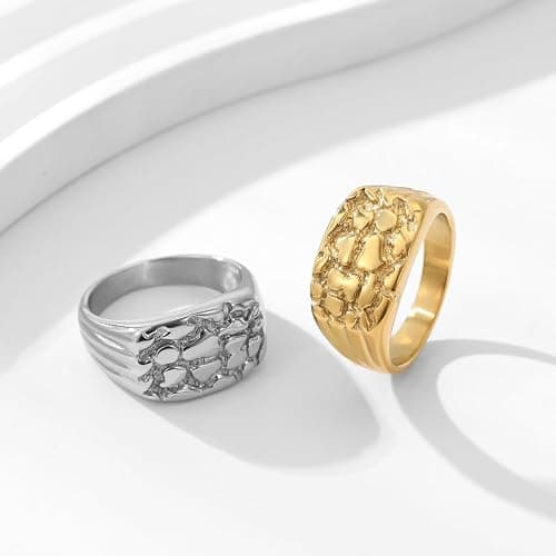 Gold Plated Nugget Ring for Men & Women – Stainless Steel Chunky Hip Hop Rings - Hypoallergenic Unisex Jewelry – US Size 5-13 – Gift Box Included thumbnail 3