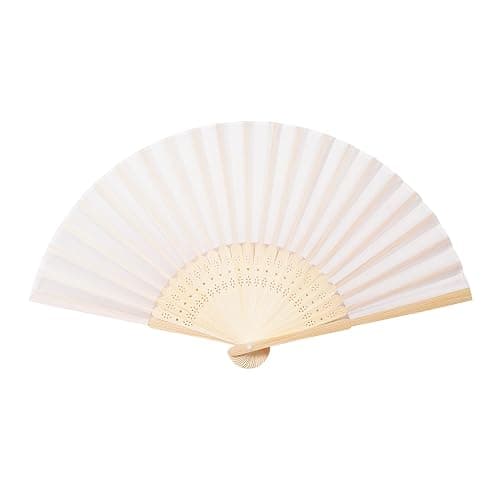 Sepwedd 50pcs Cream-Coloured Imitated Silk Fabric Bamboo Folded Hand Fan Bridal Dancing Props Church Wedding Party Favors with Organza Bags thumbnail 5