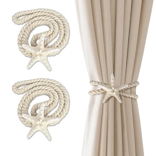 2 Pcs Natural Starfish Curtain Tiebacks, Handmade Woven Rope Curtain Curtain Ties Blinds Accessories for Outdoor, Home, Office,Hotel, Living Room Curtain Decoration (Breadfish Starfish) - Image 1