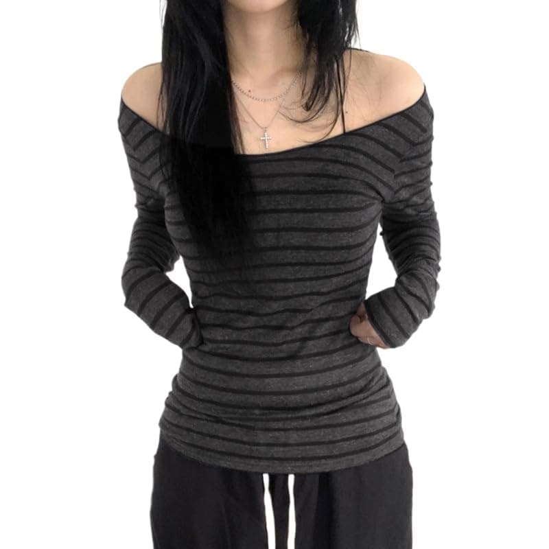 Women's Long Sleeve Grunge Aesthetic Shirts Striped Off Shoulder Tops Teen Girls Alt Emo Gothic Streetwear Y2k Clothing - Image 1