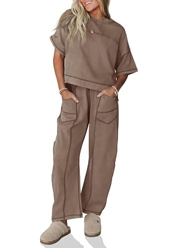 Fisoew Womens 2 Piece Outfits Lounge Sets Short Sleeve Tops and Wide Leg Pants Travel Vacation Casual Matching Sets - Image 1