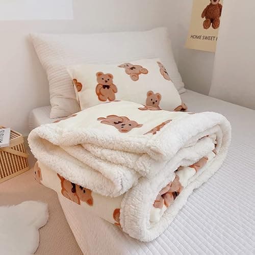HOKMAH Cute Bear Fleece Thick Warm Blanket for Winter, Kawaii Bear Sherpa Throw Blanket for Sofa, Cozy Luxury Plush Bed Blankets (White,28x40) thumbnail 2