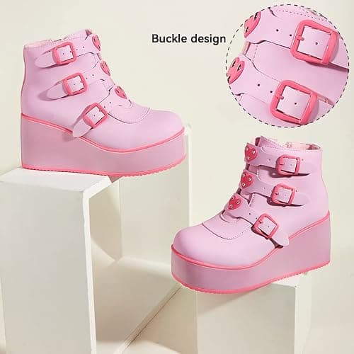LUCKY STEP Women Platform Chunky Ankle Boots - Round Toe Zipper Wedges High Heels Rave Buckle Thick Sole Goth Booties thumbnail 4
