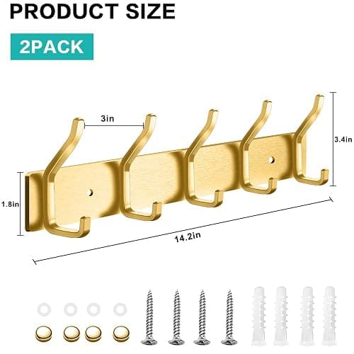 BLOCE Coat Rack Wall Mount, Stainless Steel Coat Hanger Wall Mount, 14 Inch Hat Rack Holder for Wall, Key Holder Purse Racks, Towel Rack for Bathrooms (2, Gold) thumbnail 3
