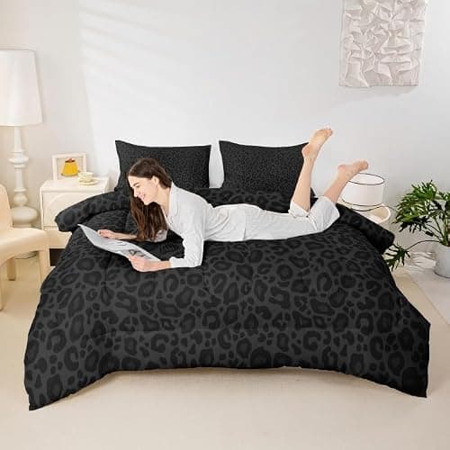 Castle Fairy Leopard Print Bedding Set 3 Pcs King Size,Cheetah Comforter Set,African Wildlife Down Alternative Adults Bedroom Decor,Gray Wild Animal Skin Ultra Soft Bed Inner Fill with 2 Piilowcases thumbnail 3