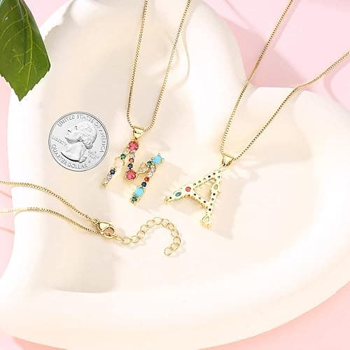 Eben-Ezer 18K Gold Box Chain Choker Initial Necklace Multi-Color Zircon Letter Pendant Script Name Custom Necklace for Women Gift Alphabet 26 A-Z thumbnail 5