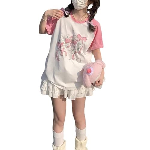 Kawaii Oversized T-Shirt Cute Pink Anime Shirt Japanese Harajuku Patchwork Tee Cartoon Print Loose Teen Girl Plus Size thumbnail 2