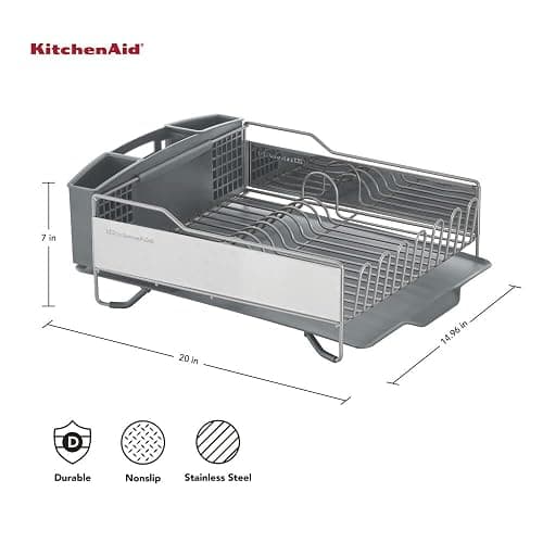 KitchenAid Large Capacity Full Size Rust Resistant Dish Rack with Angled Drain Board and Removable Flatware Caddy, Light Grey thumbnail 3