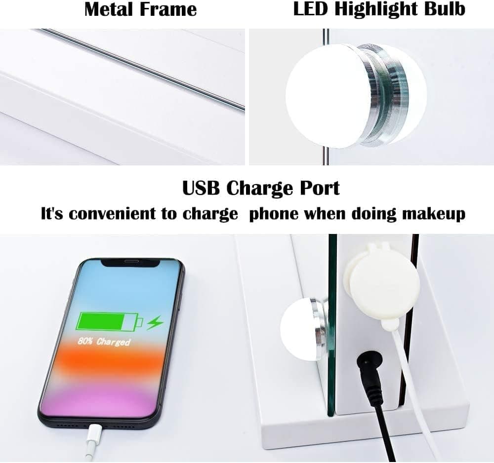 BLC Hollywood Vanity Mirror with Lights, Makeup Mirror with 15 Upgraded Dimmable LED Bulbs, 3 Lighted Color with 10X Magnification Mirror, USB Charging Port, Tabletop and Wallmounted (White, 55x45cm) thumbnail 6